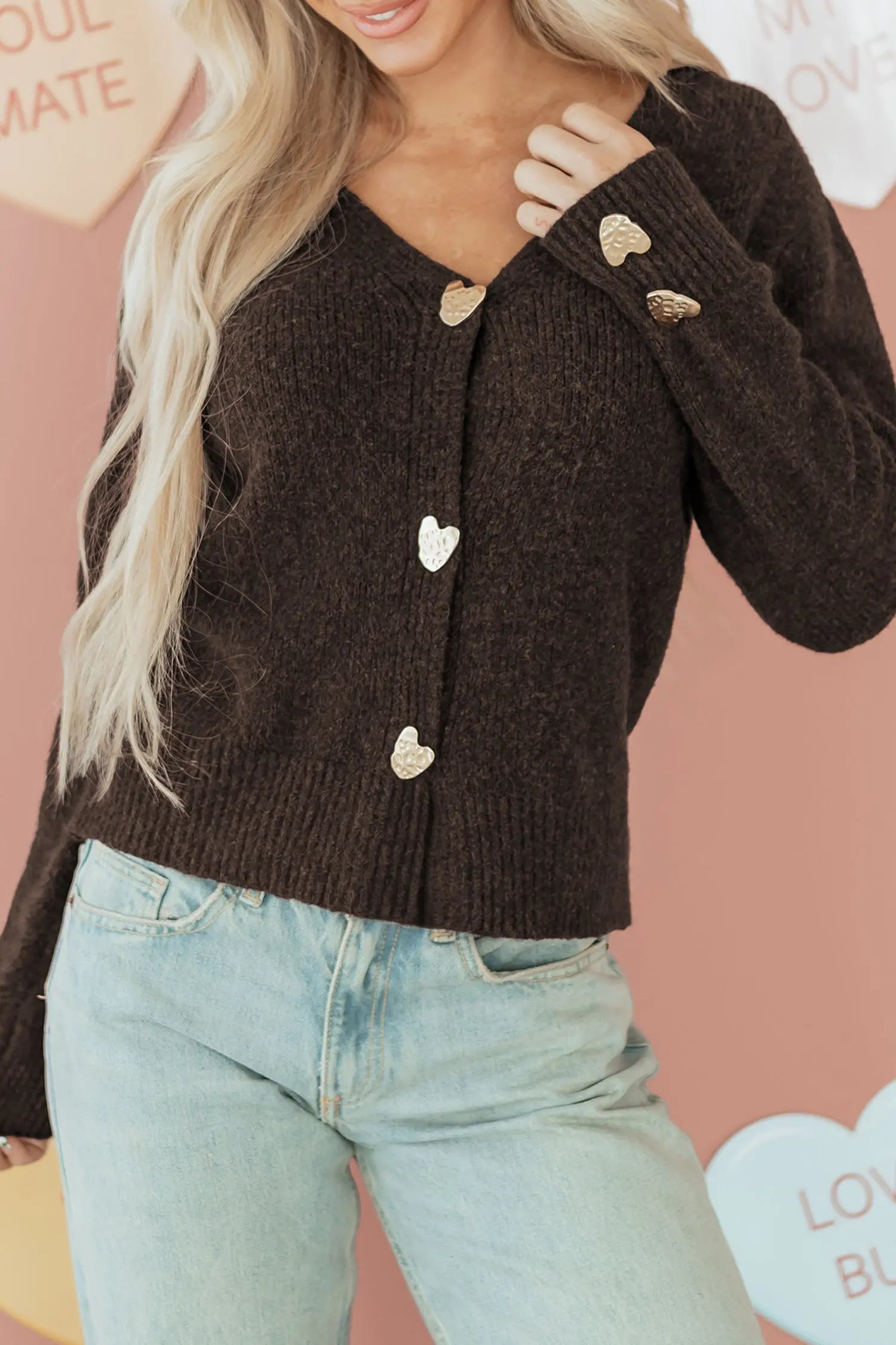 Chicory Coffee Heart Metal Button V Neck Cardigan Sweater Dear-Lover Dropshipping