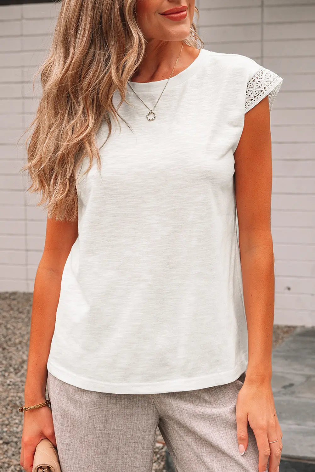 White Lace Patchwork Cap Sleeve Round Neck T Shirt Markonline