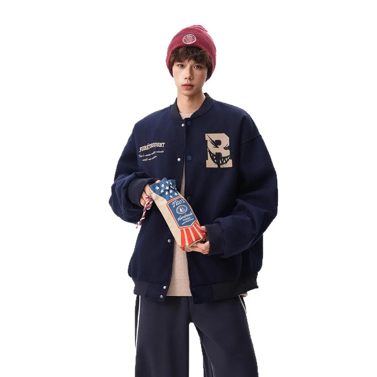 Casual Letter Embroidery Design Jacket for Men and Women, Loose Fit Couple Baseball Style Open Front Coat Markonline