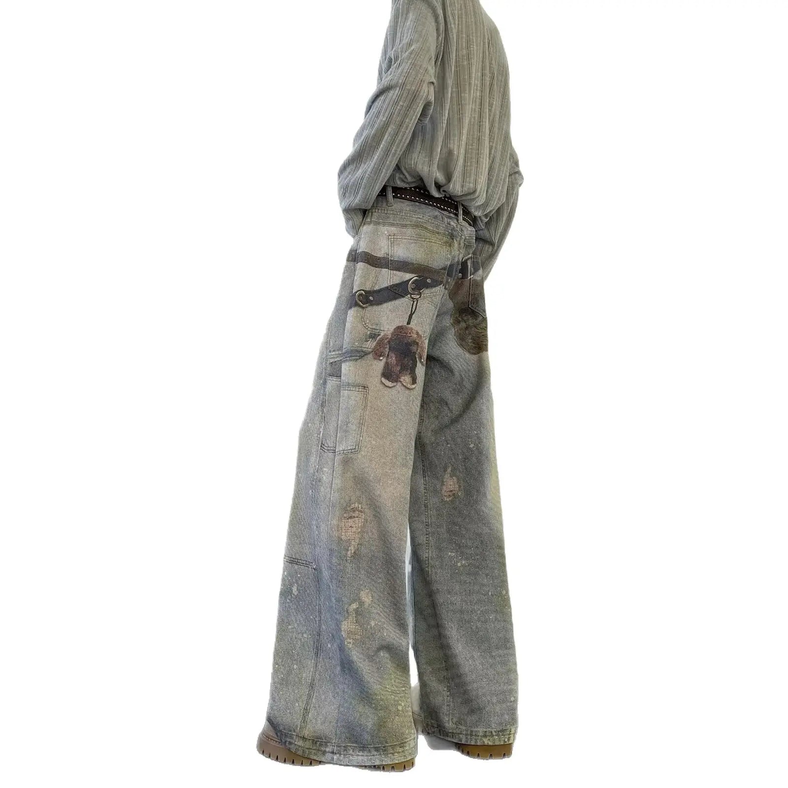 Printed ink splatter hanging decoration logging workwear jeans men