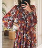 Red Floral Print Wrap V Neck Puff Sleeve Flowy Mini Dress Markonline