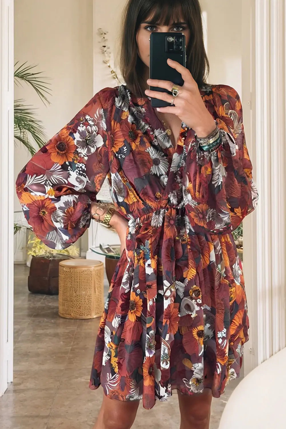 Red Floral Print Wrap V Neck Puff Sleeve Flowy Mini Dress Markonline