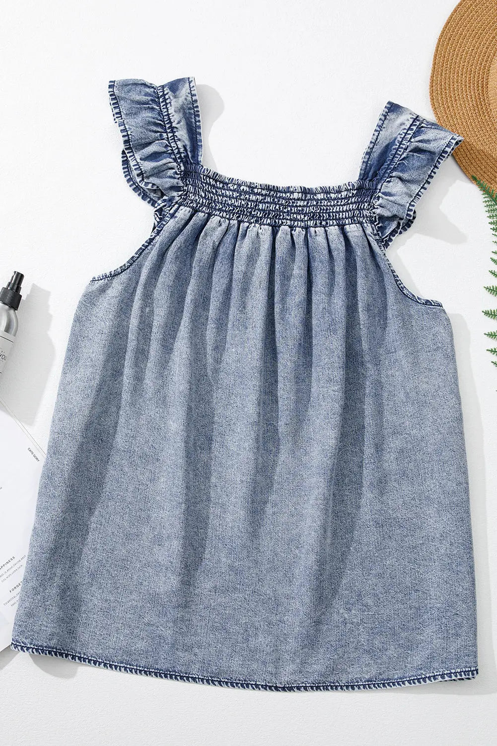 Ashleigh Blue Ruffled Shirred Neckline Sleeveless Denim Tank Top Dear-Lover Dropshipping