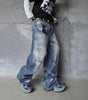 Vintage Personality Design Ripped Streetwear Loose Fit Jeans Men Hip Hop Distressed Wide Leg Long Pants Markonline