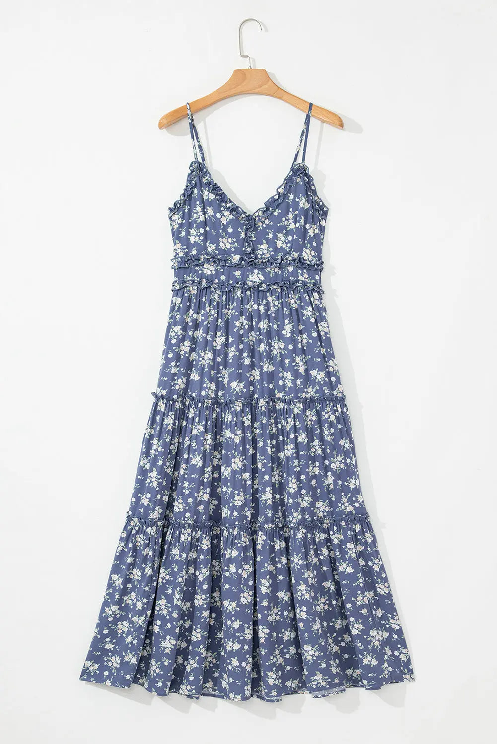 Blue Floral Spaghetti Strap Frilled V Neck Tiered Midi Dress Markonline