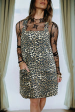 Gray Leopard Print Pocketed Loose Fit Denim Overall Dress Markonline