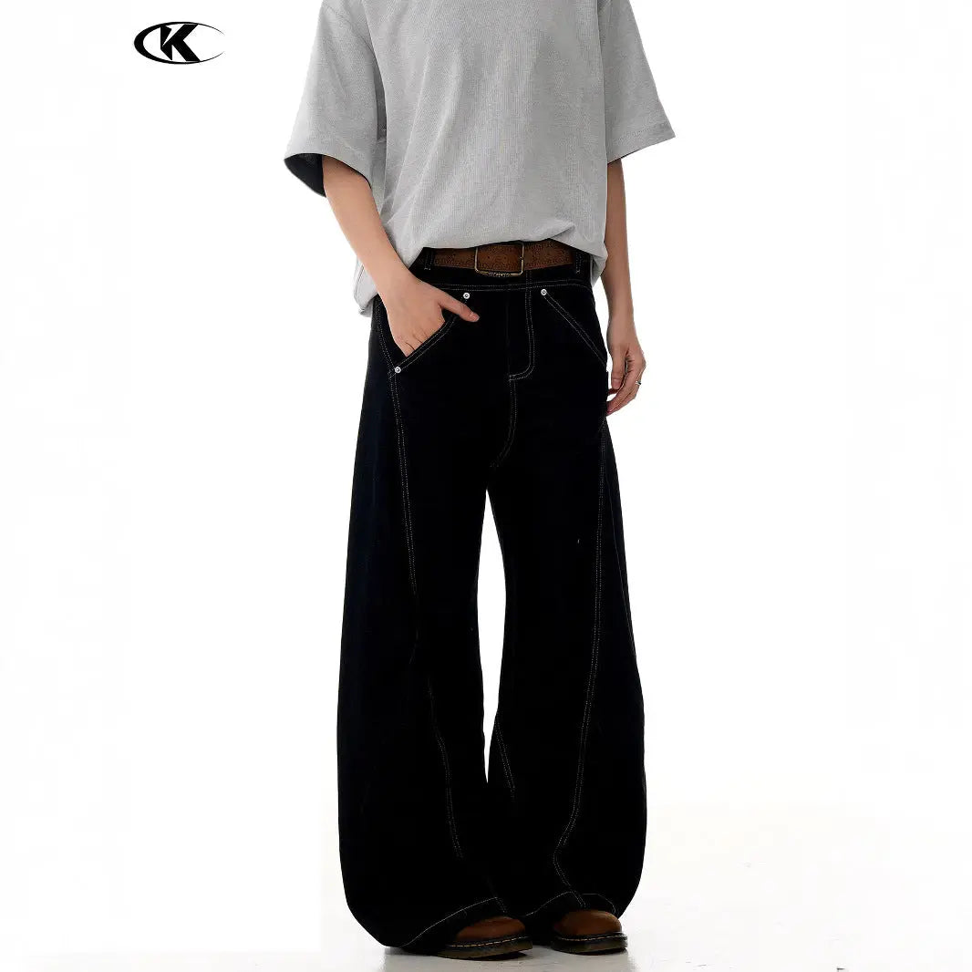 Jeans for Men and Women with Topstitching Design Slim Fit Trendy Loose Casual Wide Leg Long Pants