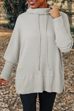Light Grey Textured Knit Drawstring Cowl Neck Oversize Top with Side Slits Dear-Lover Dropshipping