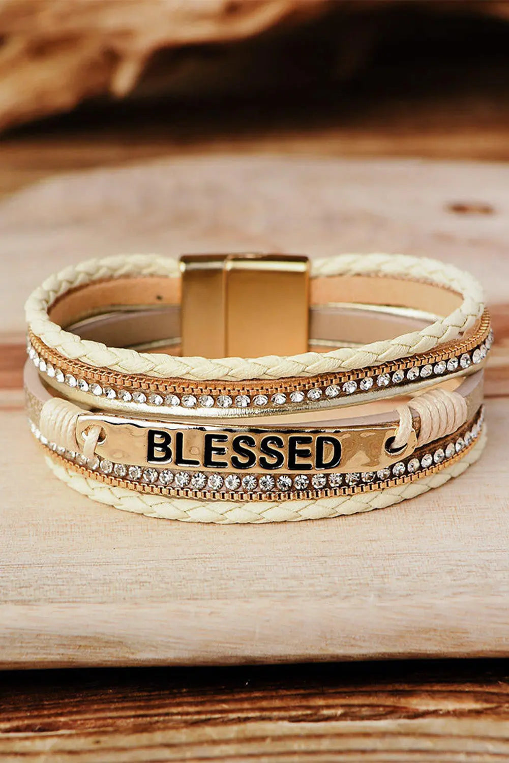 Beige BLESSED Rhinestone Braided Detail Buckle Bracelet Dear-Lover Dropshipping
