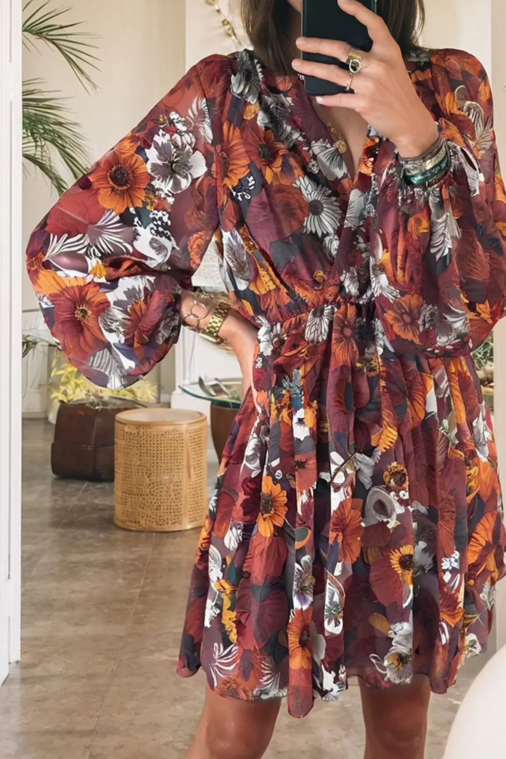 Red Floral Print Wrap V Neck Puff Sleeve Flowy Mini Dress Markonline