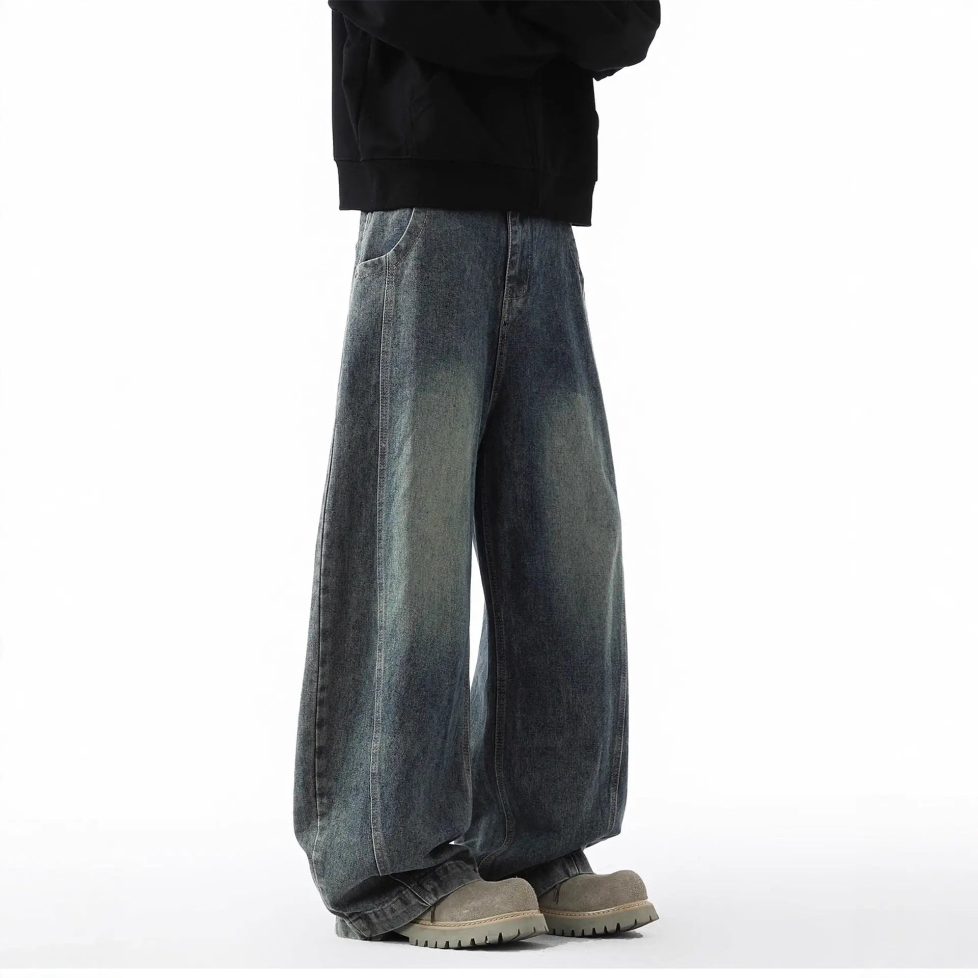 High Street Wide Leg Jeans Men Autumn Winter  Loose Straight Fit Drapey Floor-Length Pants Men Washed Vintage Markonline