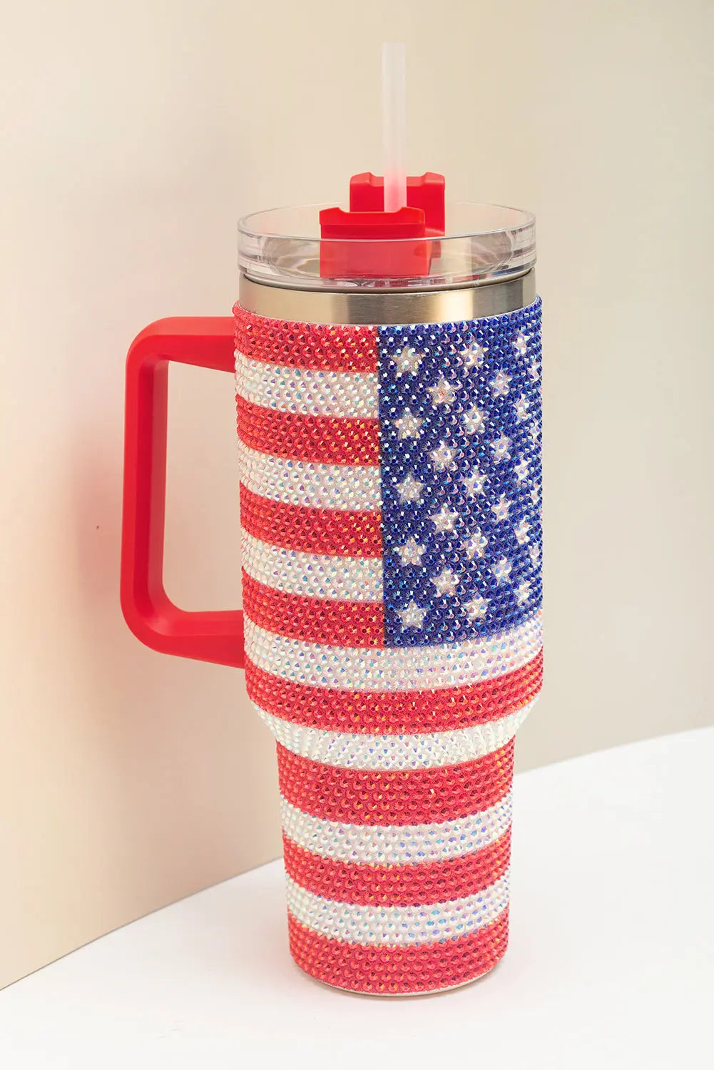 Red Rhinestone American Flag Print Handled 40oz Thermos Tumbler Dear-Lover Dropshipping