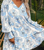 Sky Blue Floral Print Tie Neck Long Sleeve Flowy Mini Dress Markonline