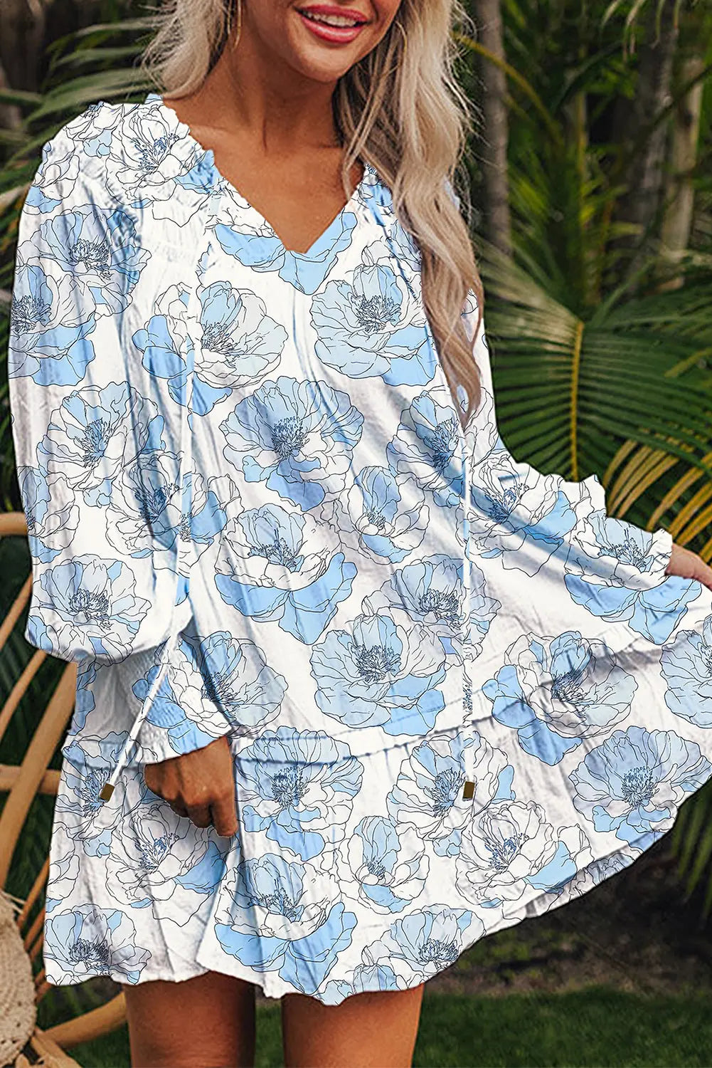 Sky Blue Floral Print Tie Neck Long Sleeve Flowy Mini Dress Markonline