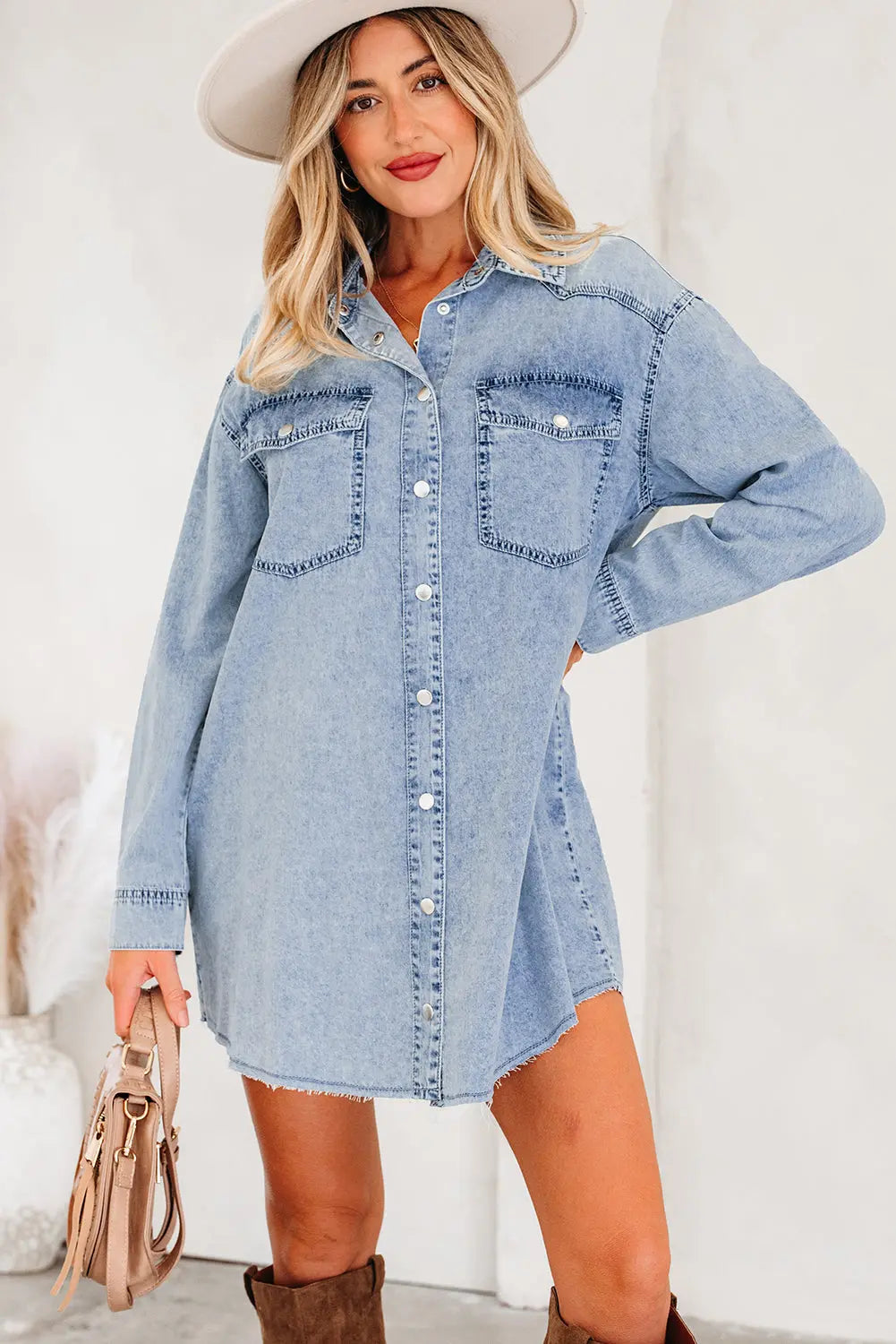 Beau Blue Chest Pocket Raw Hem Denim Loose Shirt Dress Markonline