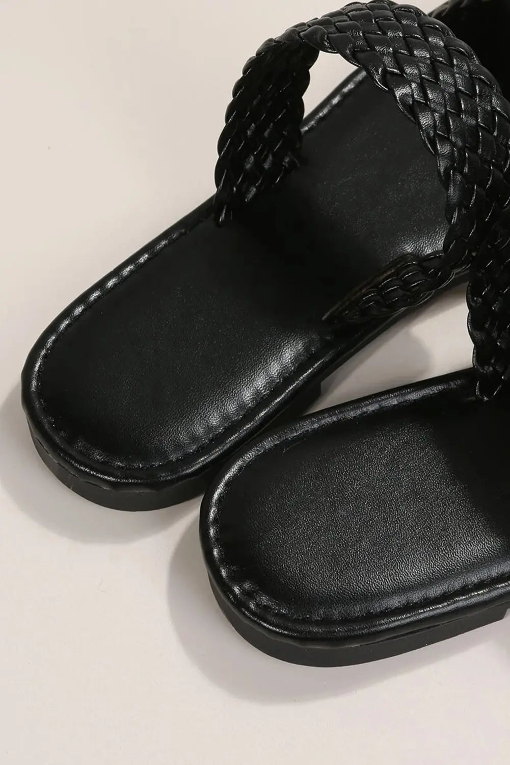 Black Braided Double Band Leathered Flat Slippers Markonline