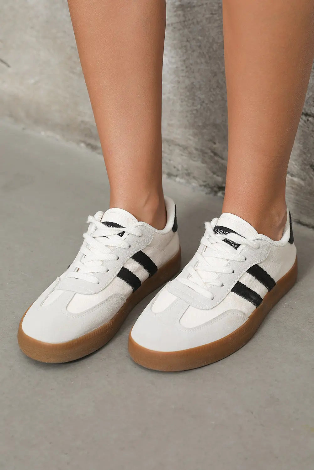 White Striped Lace-up Flat Sneakers Markonline
