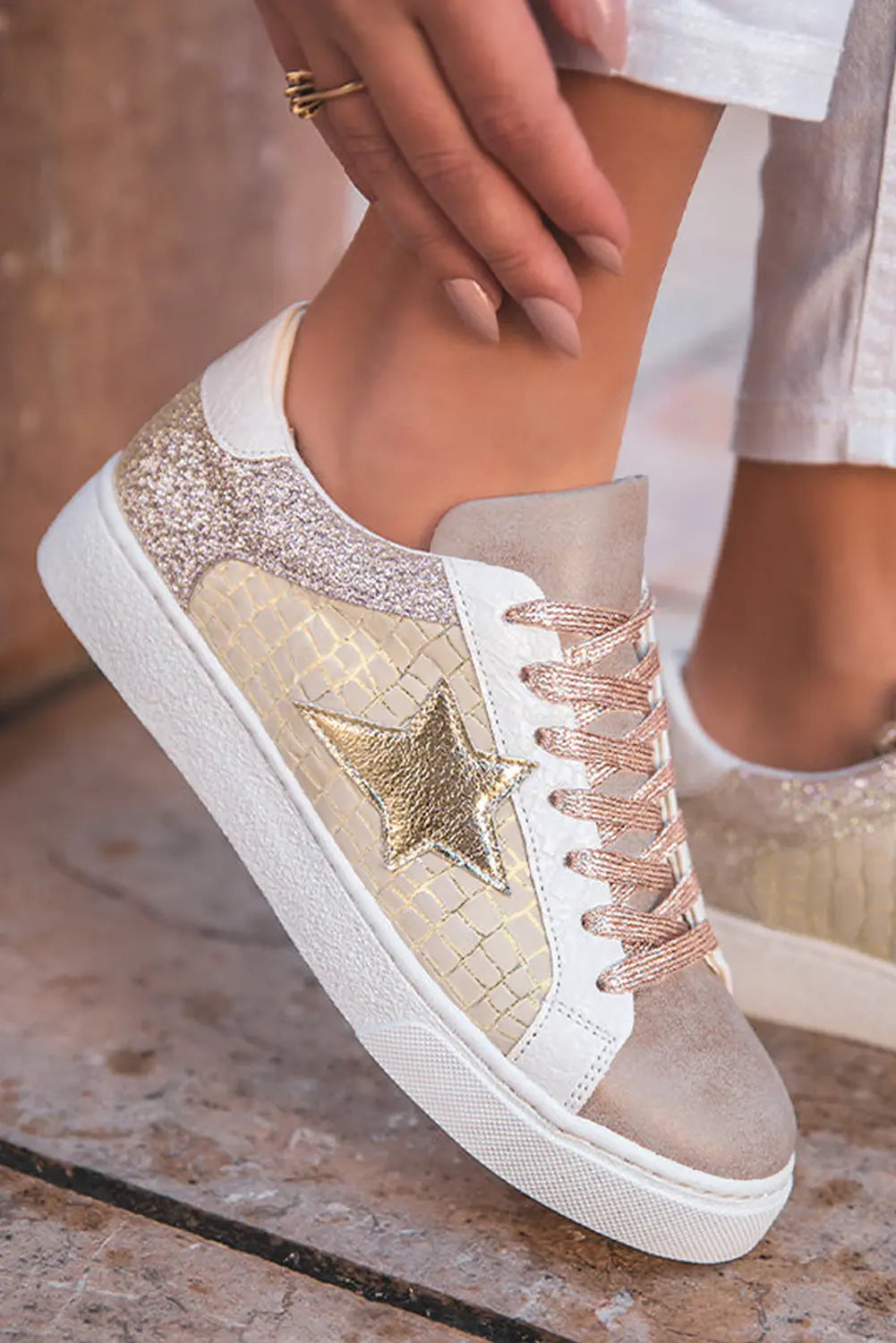 Dearlove Gold Glitter Star Patchwork PU Leather Lace-up Sneakers Markonline