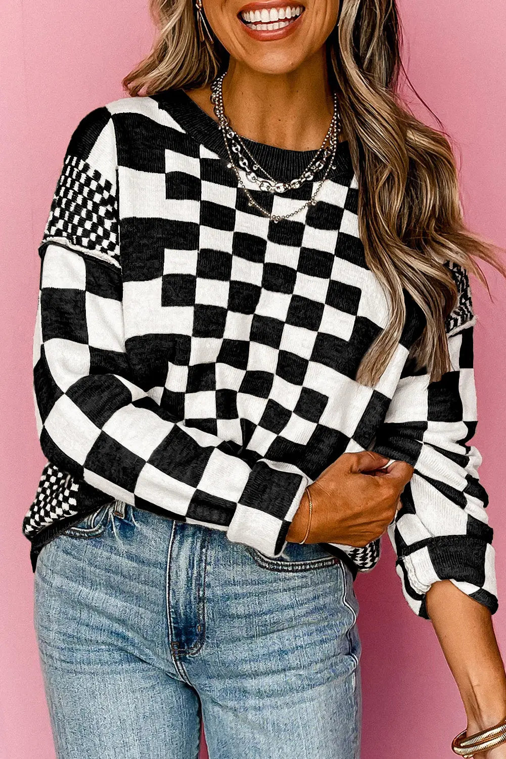 Black Checkered Print Drop Shoulder Round Neck Sweater Dear-Lover Dropshipping