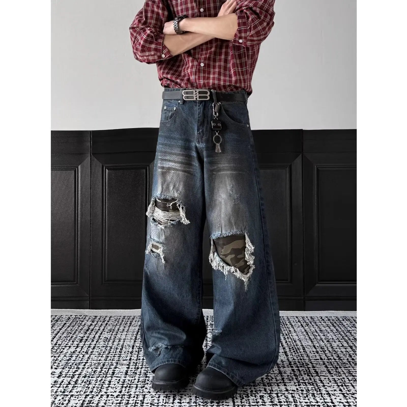 Retro patch distressed camouflage jeans for men and women Markonline