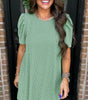 Mint Green Corded Knit Crew Neck Puff Sleeve Shift Mini Dress Markonline