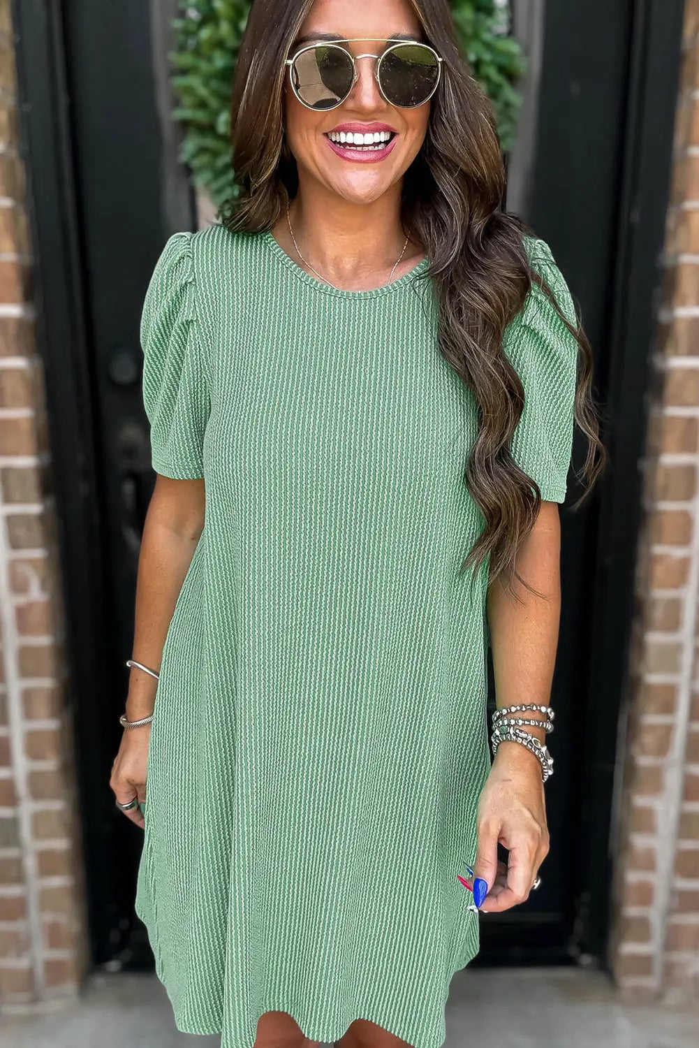 Mint Green Corded Knit Crew Neck Puff Sleeve Shift Mini Dress Markonline