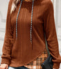 Chestnut Plaid Patchwork Ribbed Knit Drawstring Hooded Top Markonline