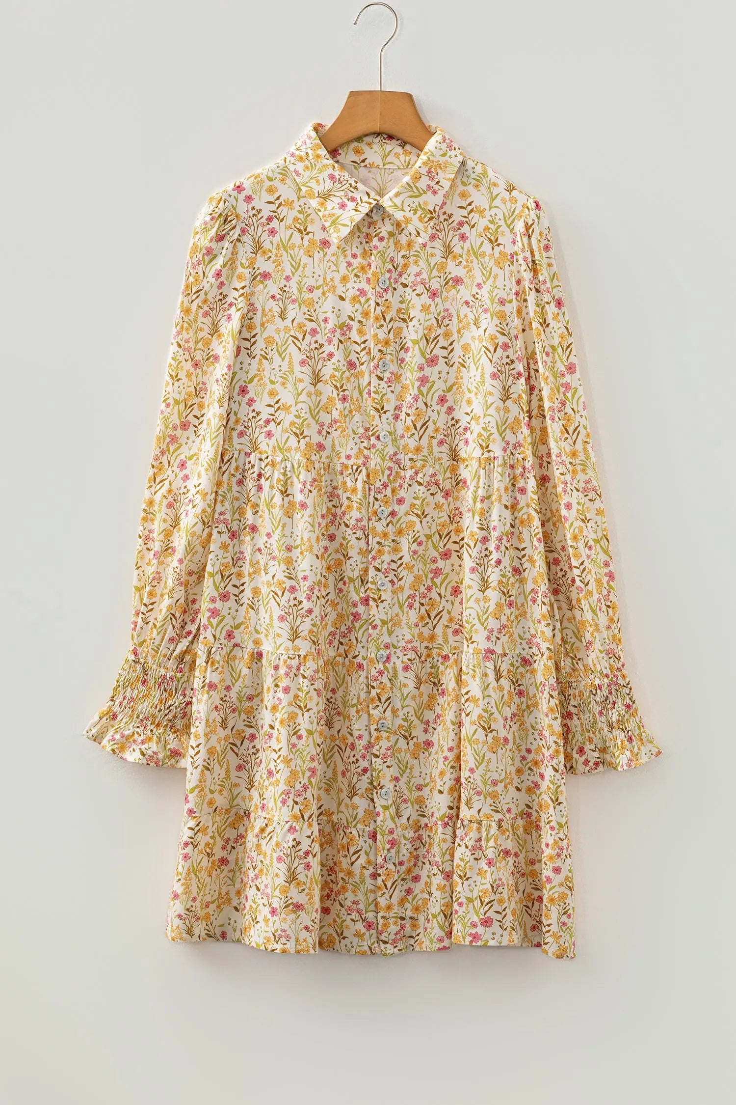 Yellow Floral Print Frilly Trim Smocked Cuff Long Sleeve Loose Shirt Dress Markonline