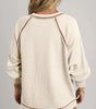 Beige Exposed Seam Textured Knit V Neck Pullover Top Markonline