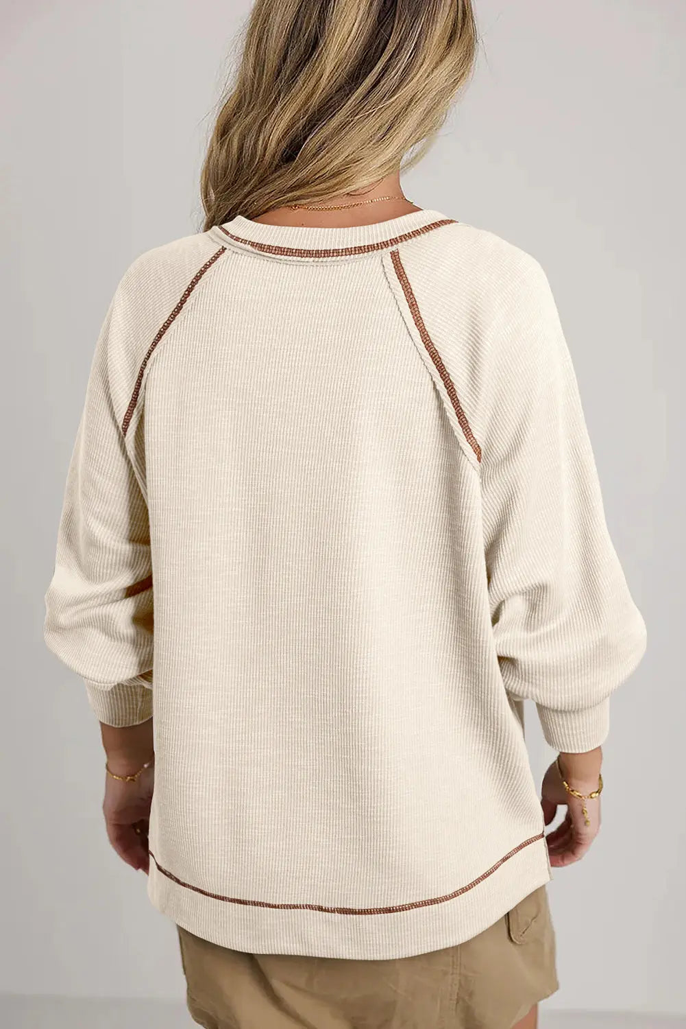 Beige Exposed Seam Textured Knit V Neck Pullover Top Markonline