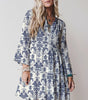 Sky Blue Boho Floral Print Lettuce Trim 3/4 Sleeve Mini Dress Markonline