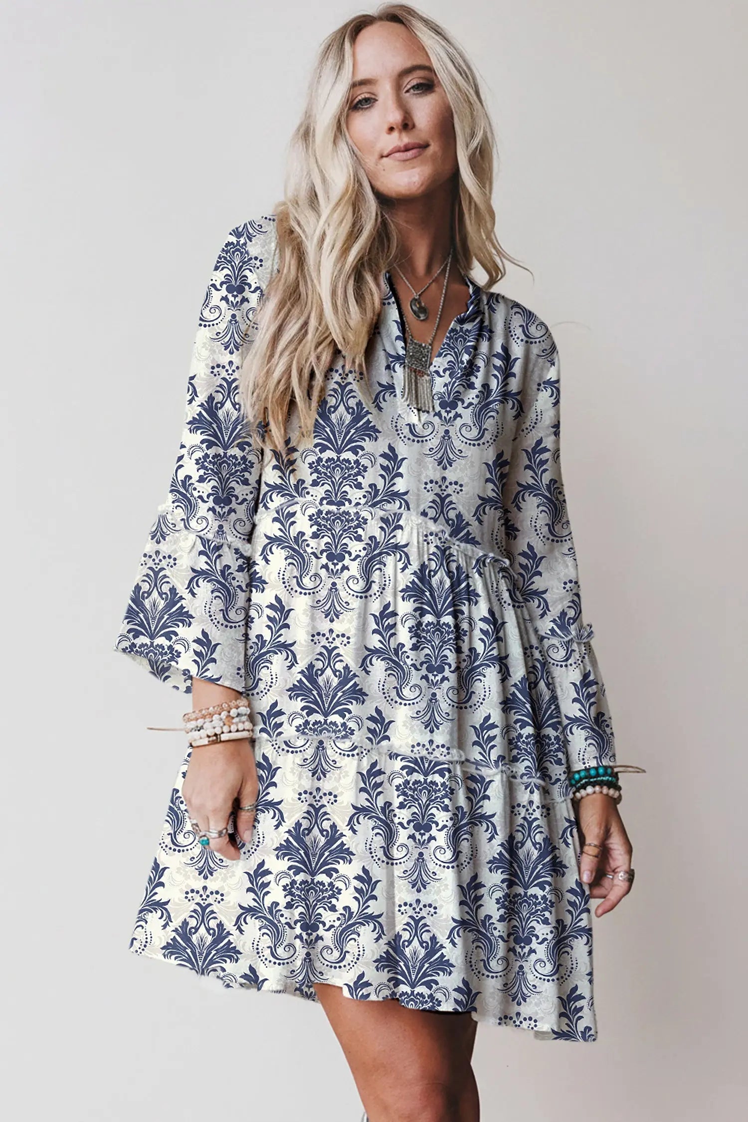 Sky Blue Boho Floral Print Lettuce Trim 3/4 Sleeve Mini Dress Markonline