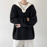 Casual V-Neck Color-Blocked Faux Two-Piece Hooded Sweater for Men, Thickened Autumn/Winter Knitwear, Unisex Matching Pullover Sweater Markonline