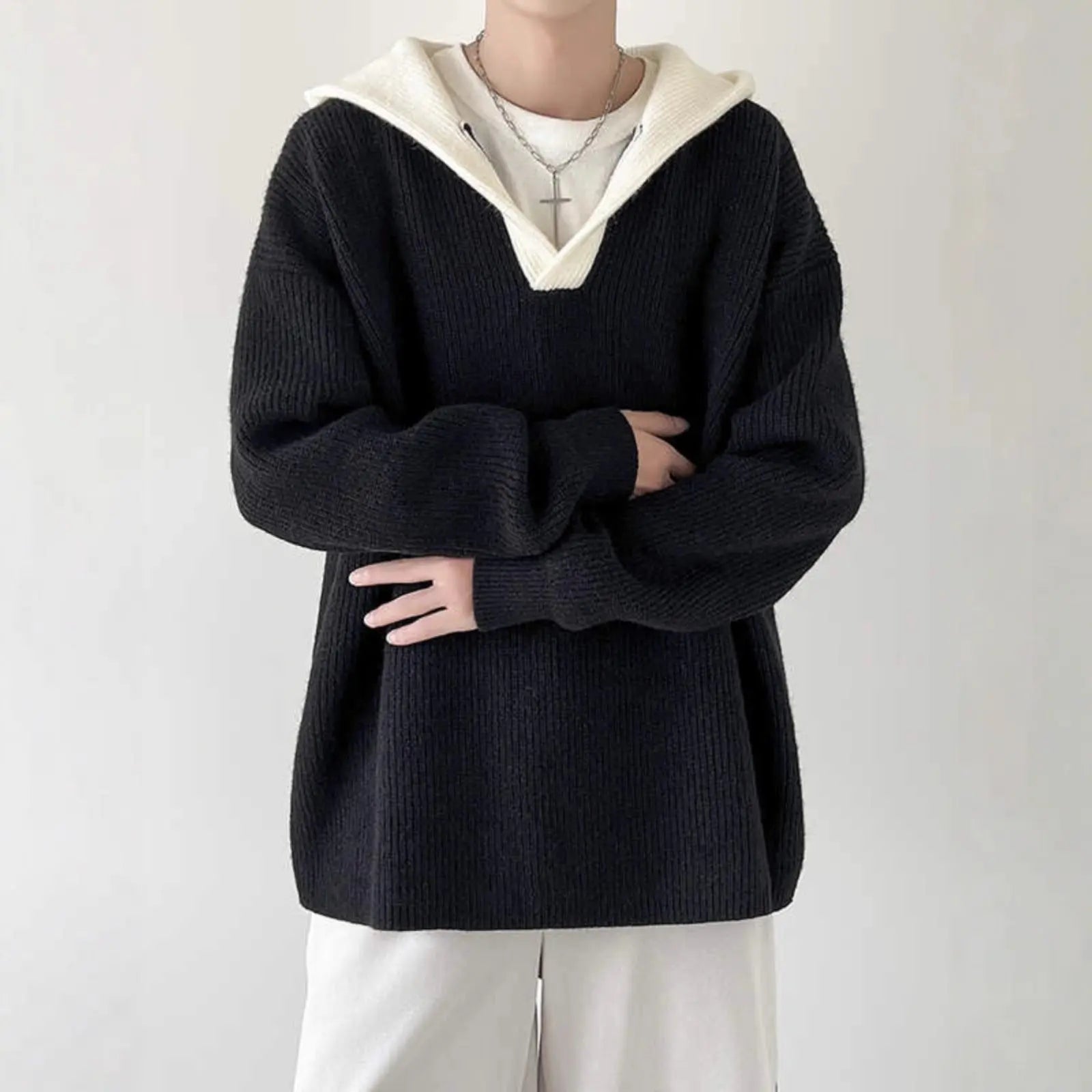 Casual V-Neck Color-Blocked Faux Two-Piece Hooded Sweater for Men, Thickened Autumn/Winter Knitwear, Unisex Matching Pullover Sweater Markonline