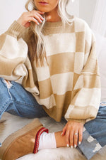 Khaki Checkered Bishop Sleeve Sweater Dear-Lover Dropshipping