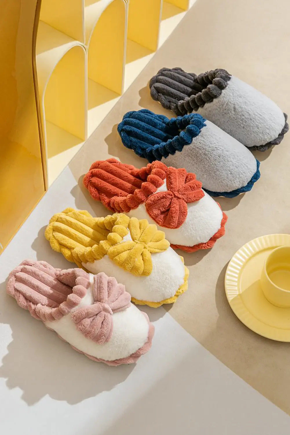 Fushia Bow Decor Color Block Ribbed Plush Slippers Markonline