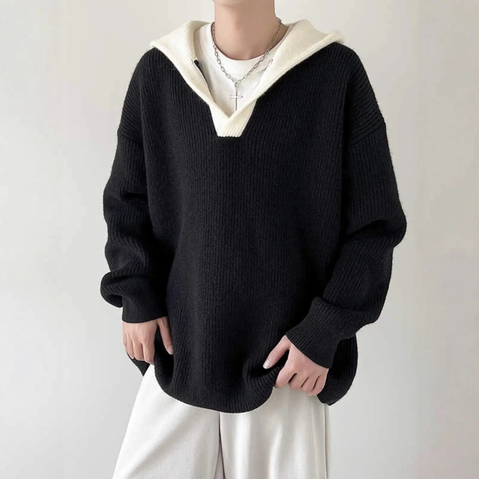 Casual V-Neck Color-Blocked Faux Two-Piece Hooded Sweater for Men, Thickened Autumn/Winter Knitwear, Unisex Matching Pullover Sweater Markonline