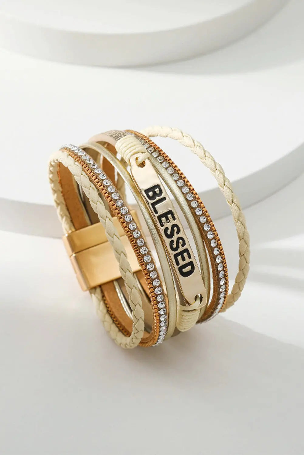 Beige BLESSED Rhinestone Braided Detail Buckle Bracelet Dear-Lover Dropshipping