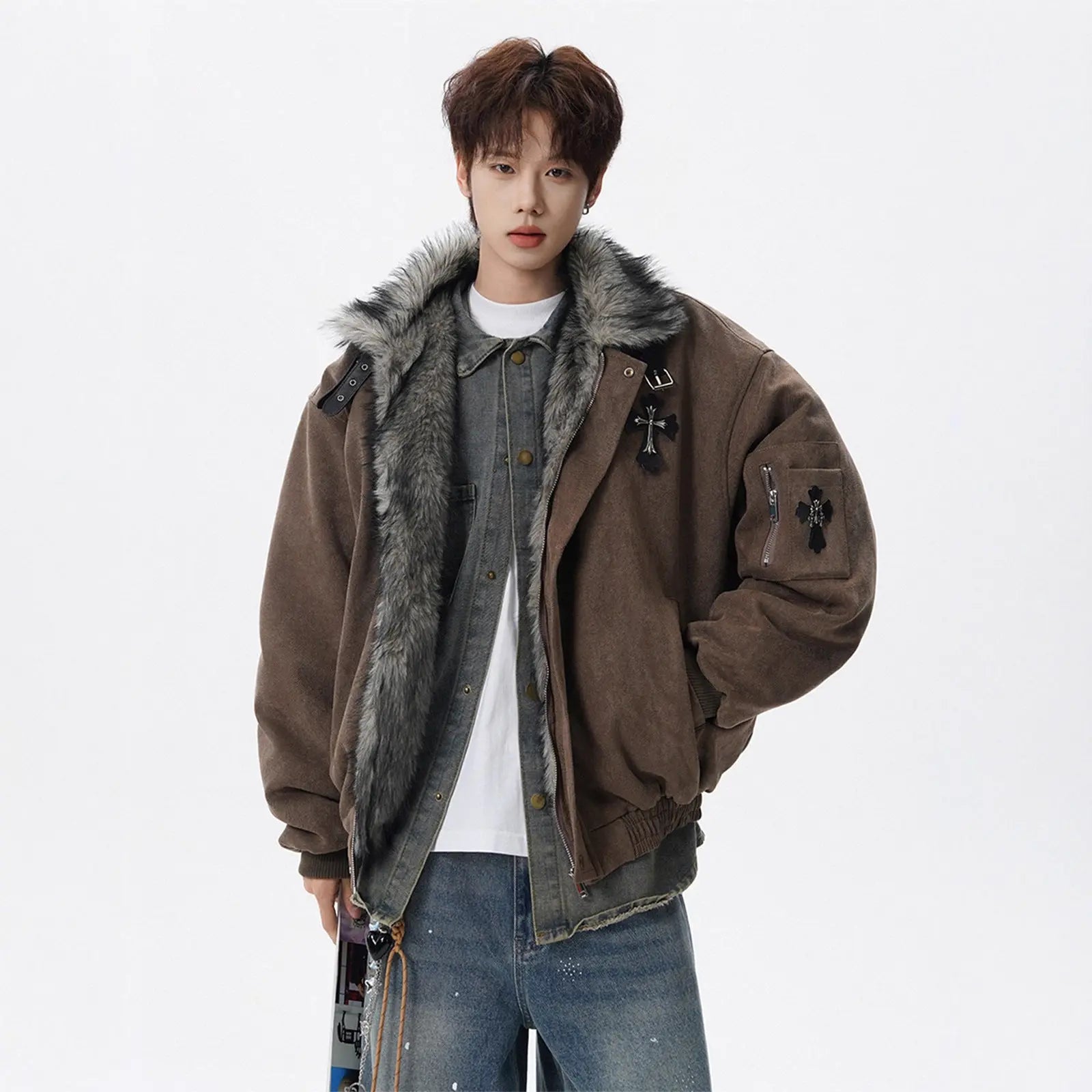Cross Mountain Eagle Fur-Collar Cotton Coat for Men, Winter Fleece-Lined Thick Warm Cotton Jacket, High-End Style Markonline