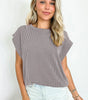 Gray Twisted Rib Wide Sleeve Crew Neck T Shirt Markonline