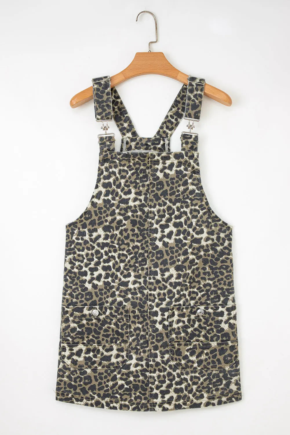 Gray Leopard Print Pocketed Loose Fit Denim Overall Dress Markonline