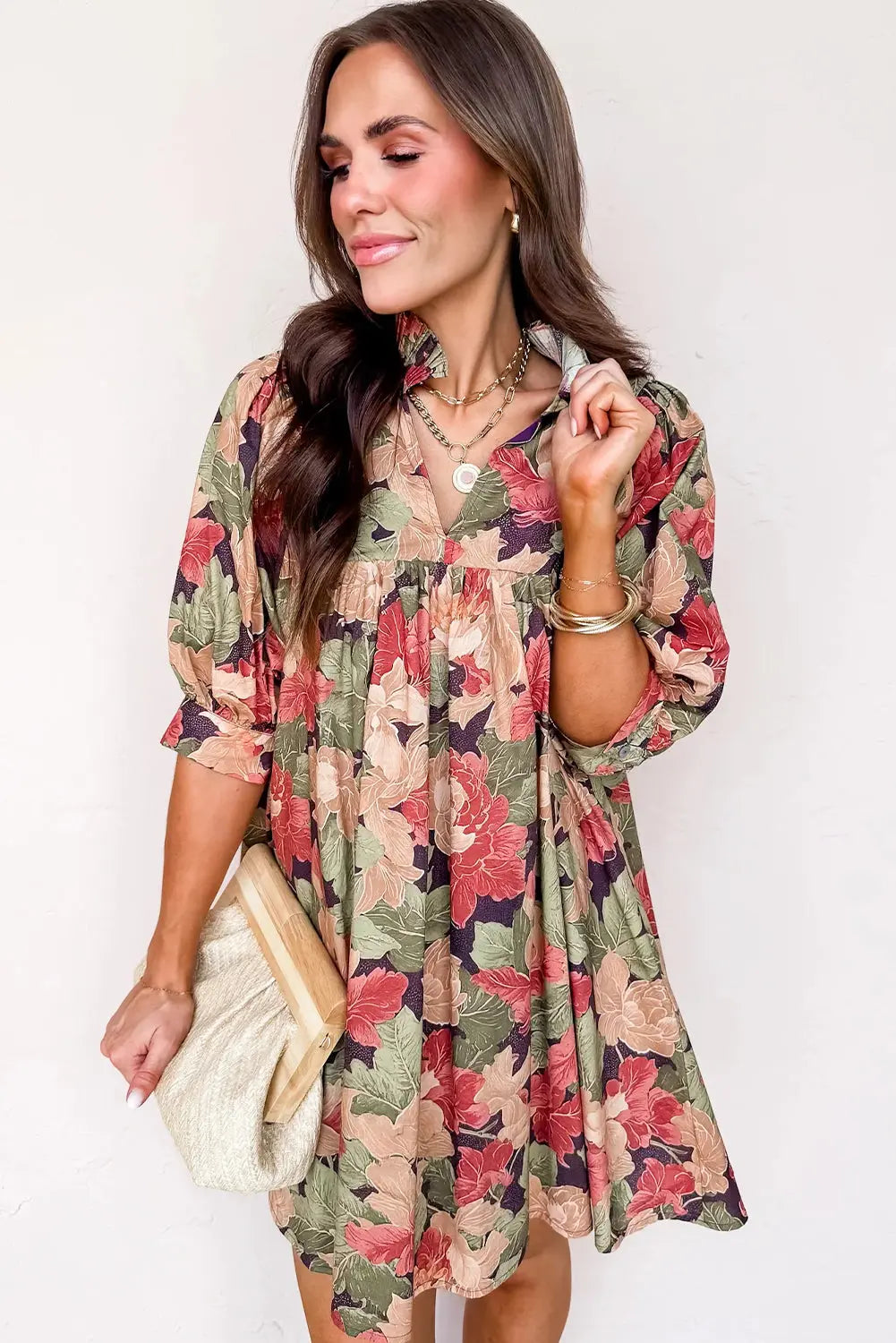 Green Floral Print Frilled Collar V Neck Half Sleeve Mini Dress Markonline