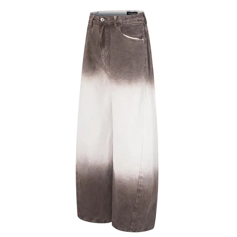 Retro Style Washed Ombre Color Knife-Edge Jeans for Men and Women,  Loose Floor-Length Wide Leg Pants