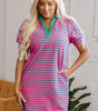 Pink Stripe Collared V Neck Puff Sleeve T Shirt Dress Markonline