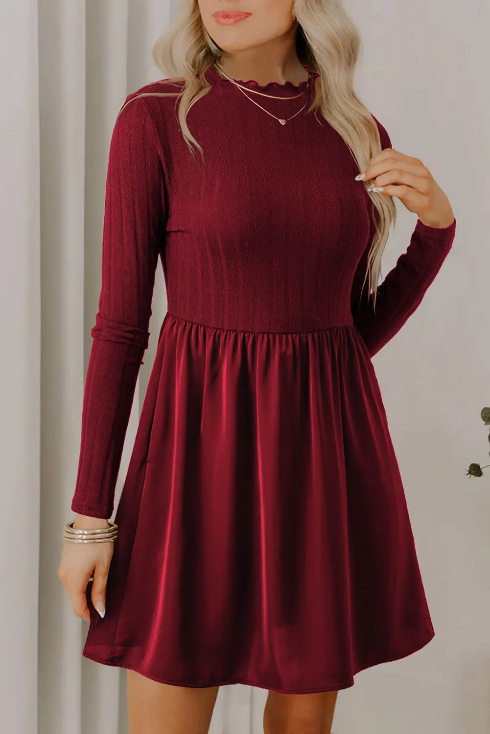 Red Dahlia Frilled Neck Ribbed Knit Patchwork Long Sleeve Mini Dress Markonline