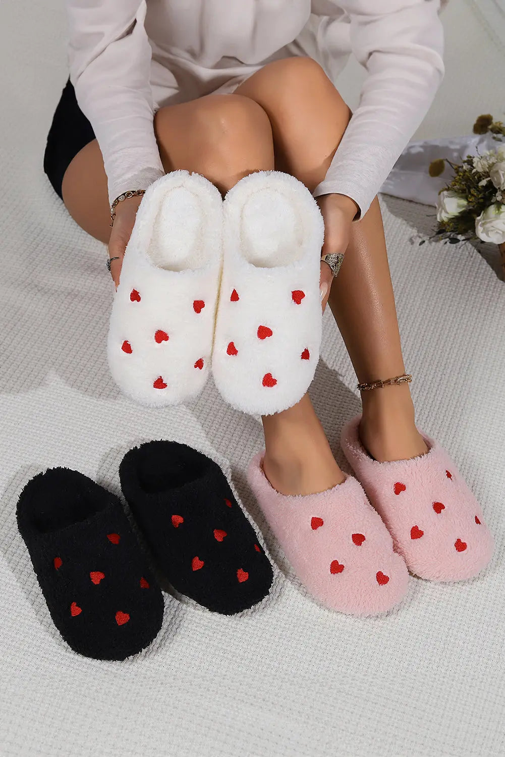 White Heart Shape Embroidered Slip On Plush Slippers Markonline