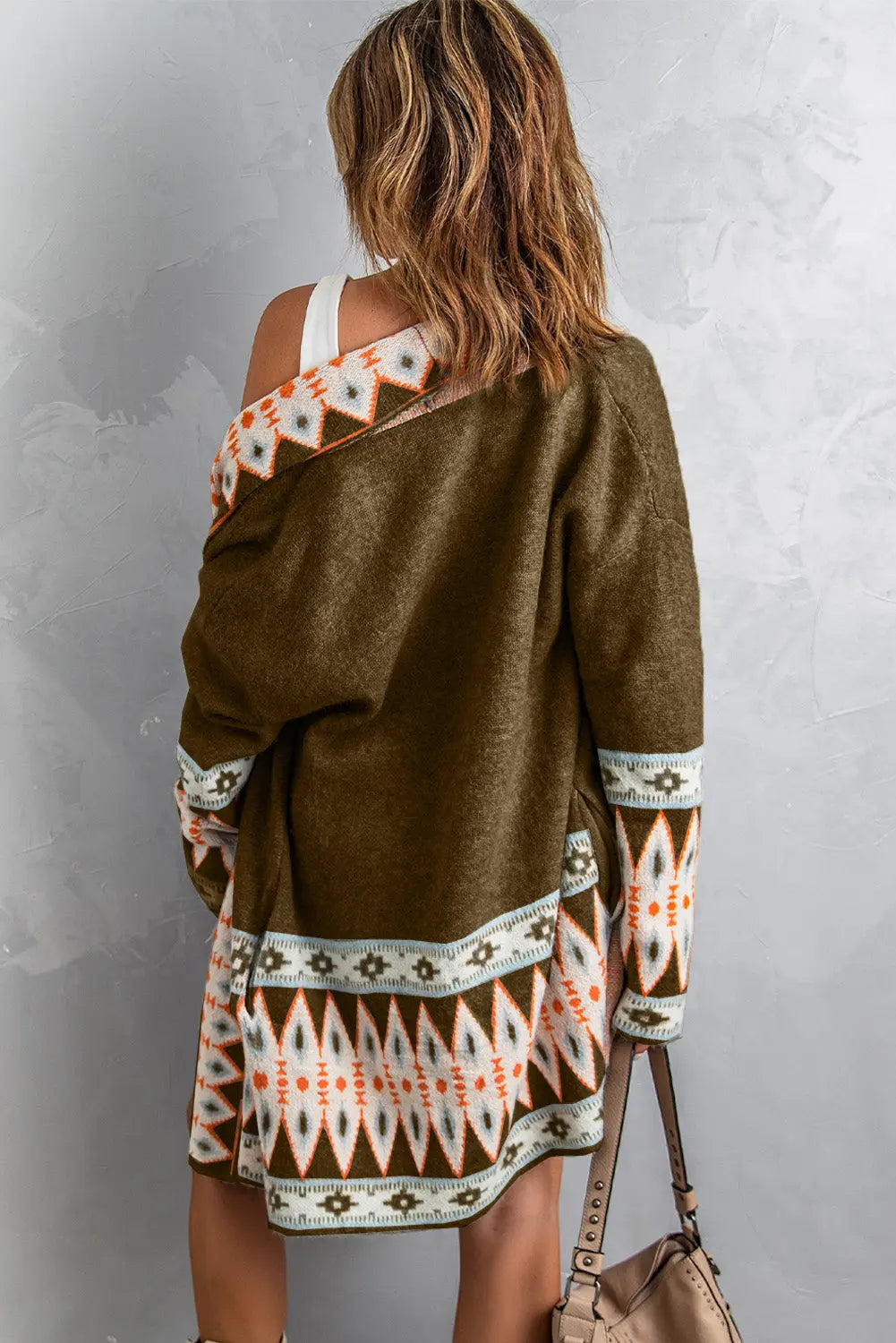 Brown Aztec Print Open Front Knitted Cardigan Dear-Lover Dropshipping