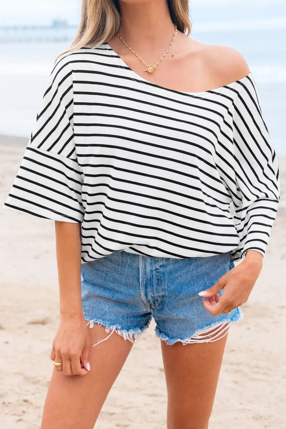 Black Stripe Half Sleeve Scoop Neck Loose Top Markonline