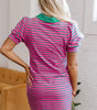 Pink Stripe Collared V Neck Puff Sleeve T Shirt Dress Markonline