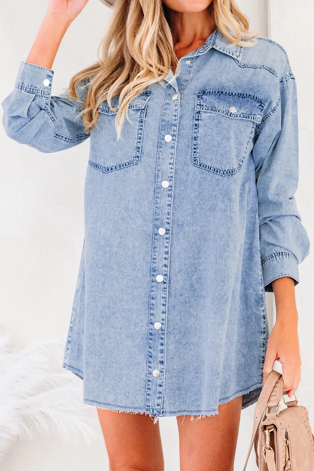 Beau Blue Chest Pocket Raw Hem Denim Loose Shirt Dress Markonline